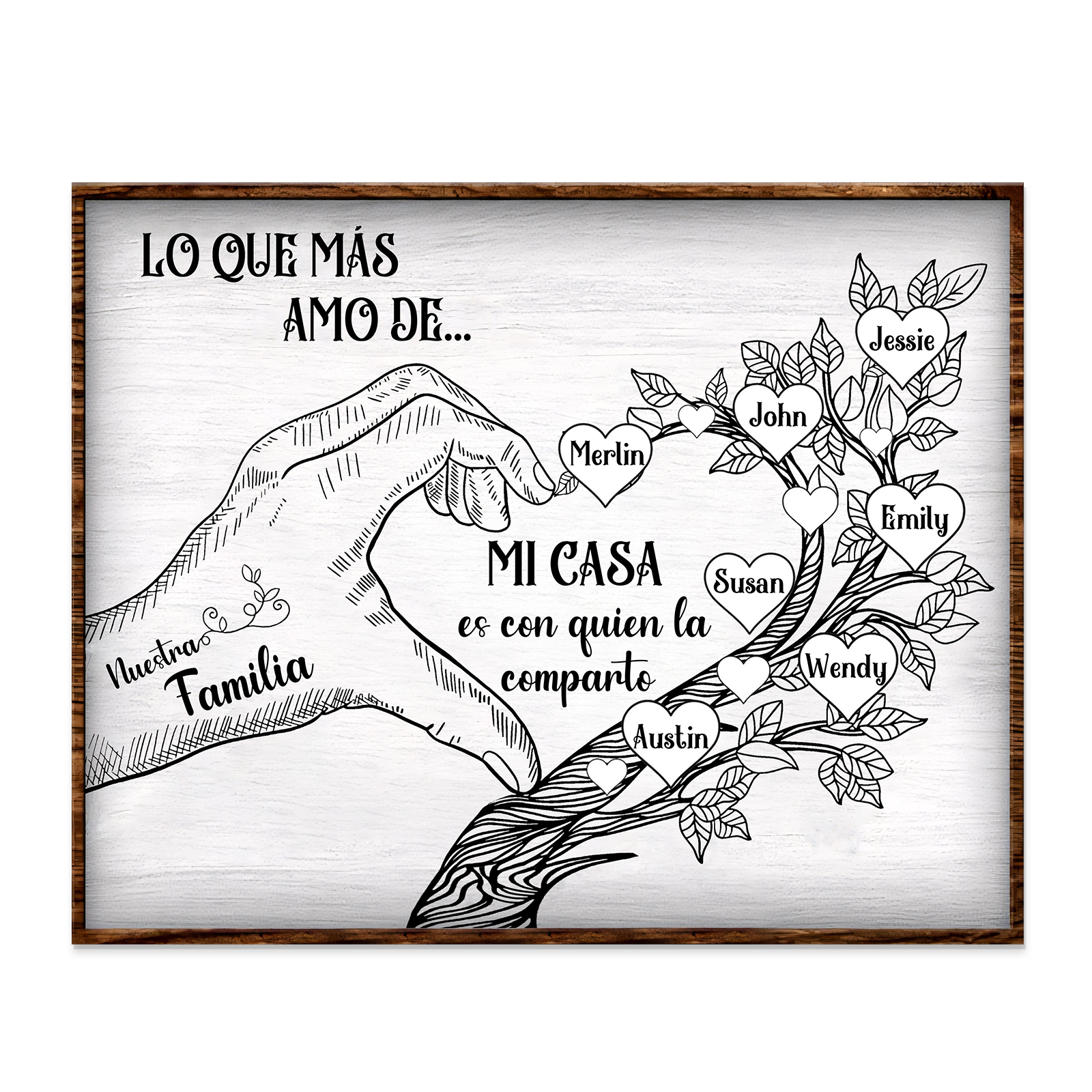 A la familia-Lámina de madera mano y árbol con corazones personalizados de 7 nombres con texto | Jessemade