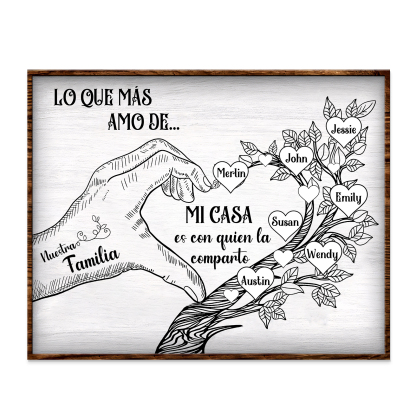 A la familia-Lámina de madera mano y árbol con corazones personalizados de 7 nombres con texto | Jessemade