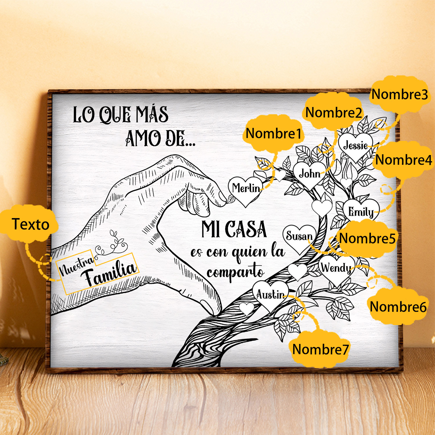 A la familia-Lámina de madera mano y árbol con corazones personalizados de 7 nombres con texto | Jessemade