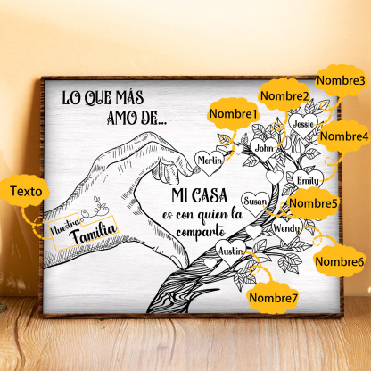 A la familia-Lámina de madera mano y árbol con corazones personalizados de 7 nombres con texto | Jessemade