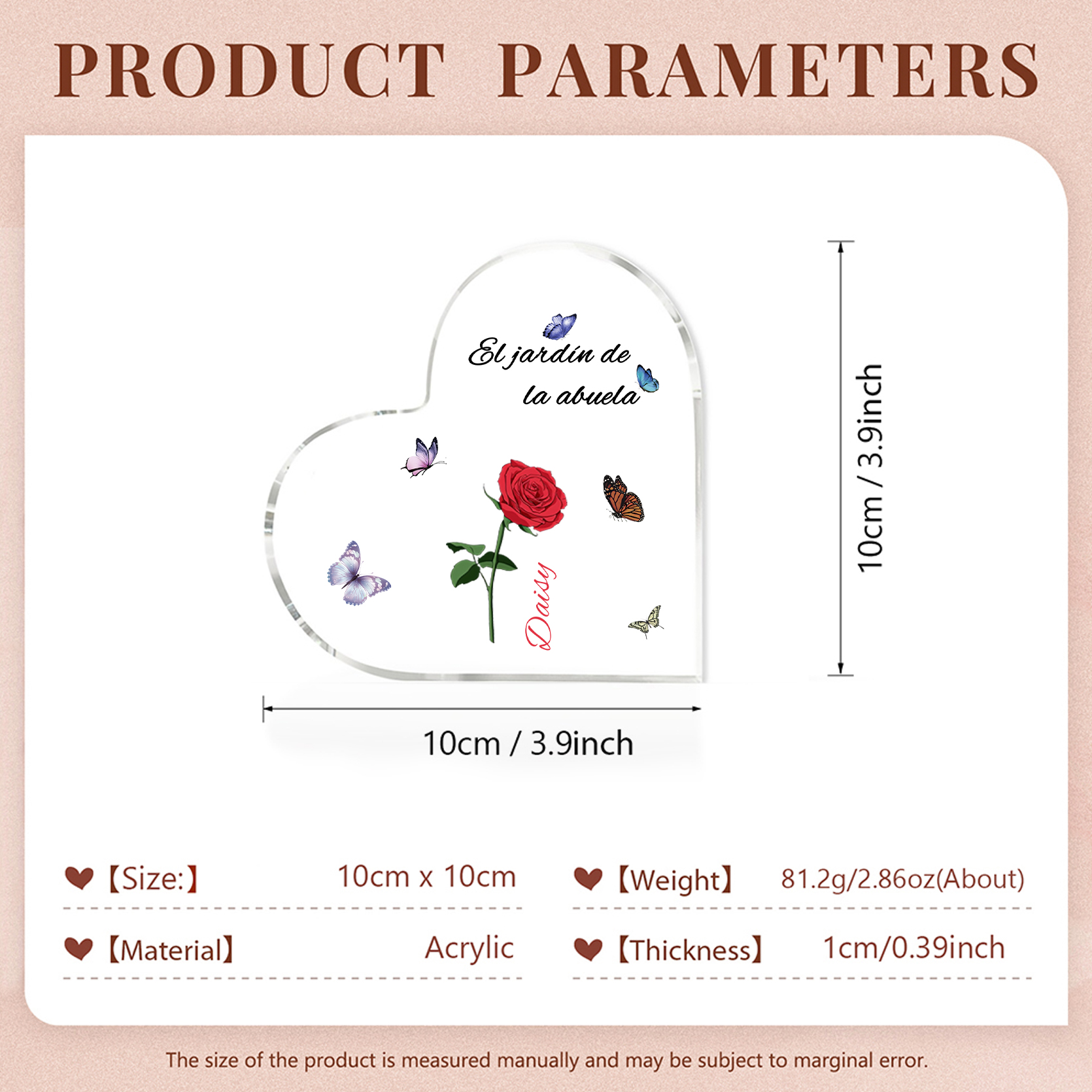 A mi mamá/abuela-Placa de acrílico en forma de corazón jardín de flores 1 nombre y 1 texto personalizados | Jessemade 