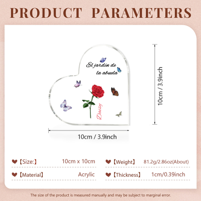 A mi mamá/abuela-Placa de acrílico en forma de corazón jardín de flores 1 nombre y 1 texto personalizados | Jessemade 