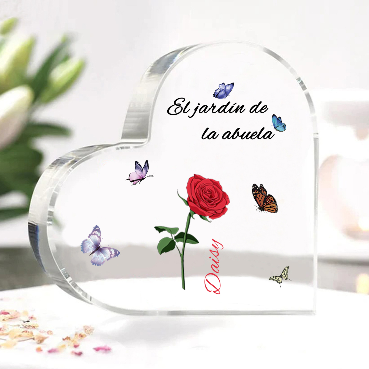A mi mamá/abuela-Placa de acrílico en forma de corazón jardín de flores 1 nombre y 1 texto personalizados | Jessemade 