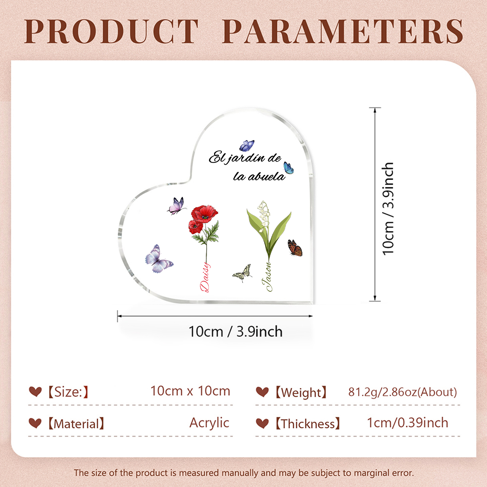 A mi mamá/abuela-Placa de acrílico en forma de corazón jardín de flores 2 nombres y 1 texto personalizados | Jessemade 