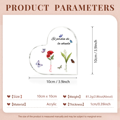 A mi mamá/abuela-Placa de acrílico en forma de corazón jardín de flores 2 nombres y 1 texto personalizados | Jessemade 