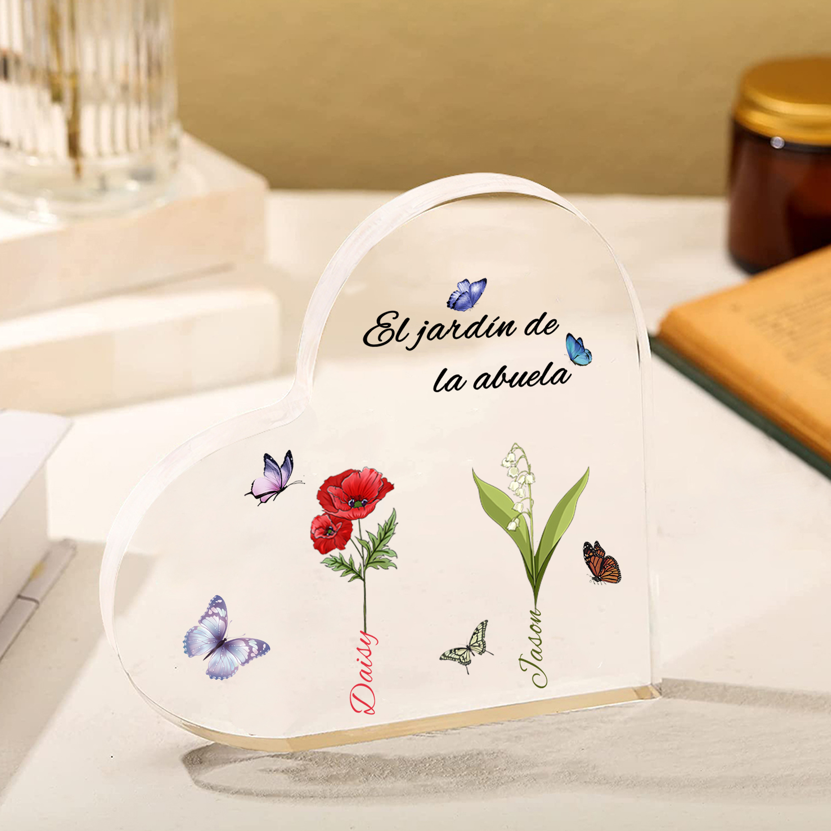 A mi mamá/abuela-Placa de acrílico en forma de corazón jardín de flores 2 nombres y 1 texto personalizados | Jessemade 