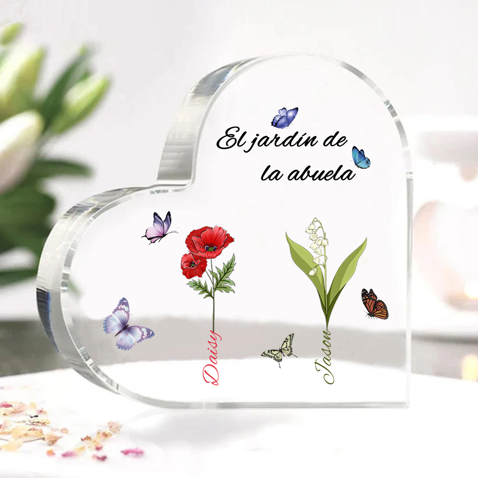 A mi mamá/abuela-Placa de acrílico en forma de corazón jardín de flores 2 nombres y 1 texto personalizados | Jessemade 
