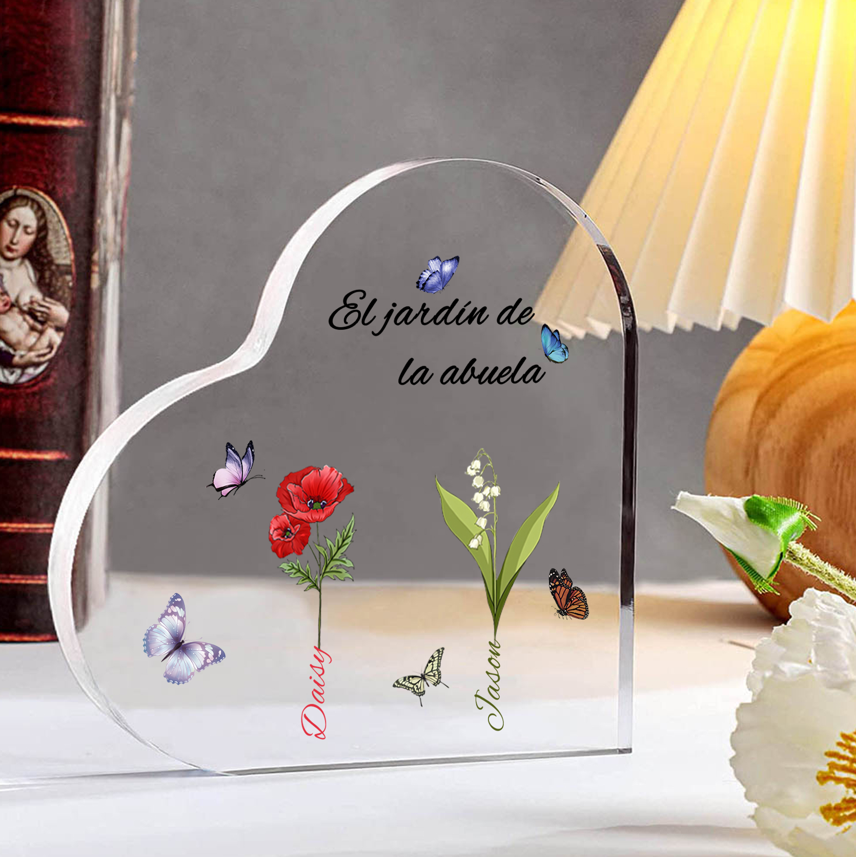 A mi mamá/abuela-Placa de acrílico en forma de corazón jardín de flores 2 nombres y 1 texto personalizados | Jessemade 