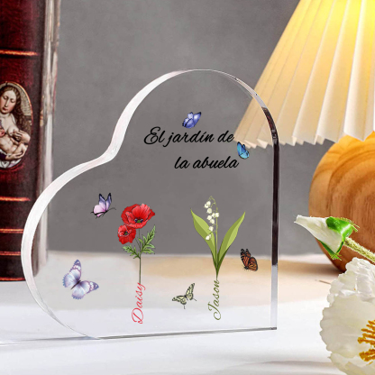 A mi mamá/abuela-Placa de acrílico en forma de corazón jardín de flores 2 nombres y 1 texto personalizados | Jessemade 