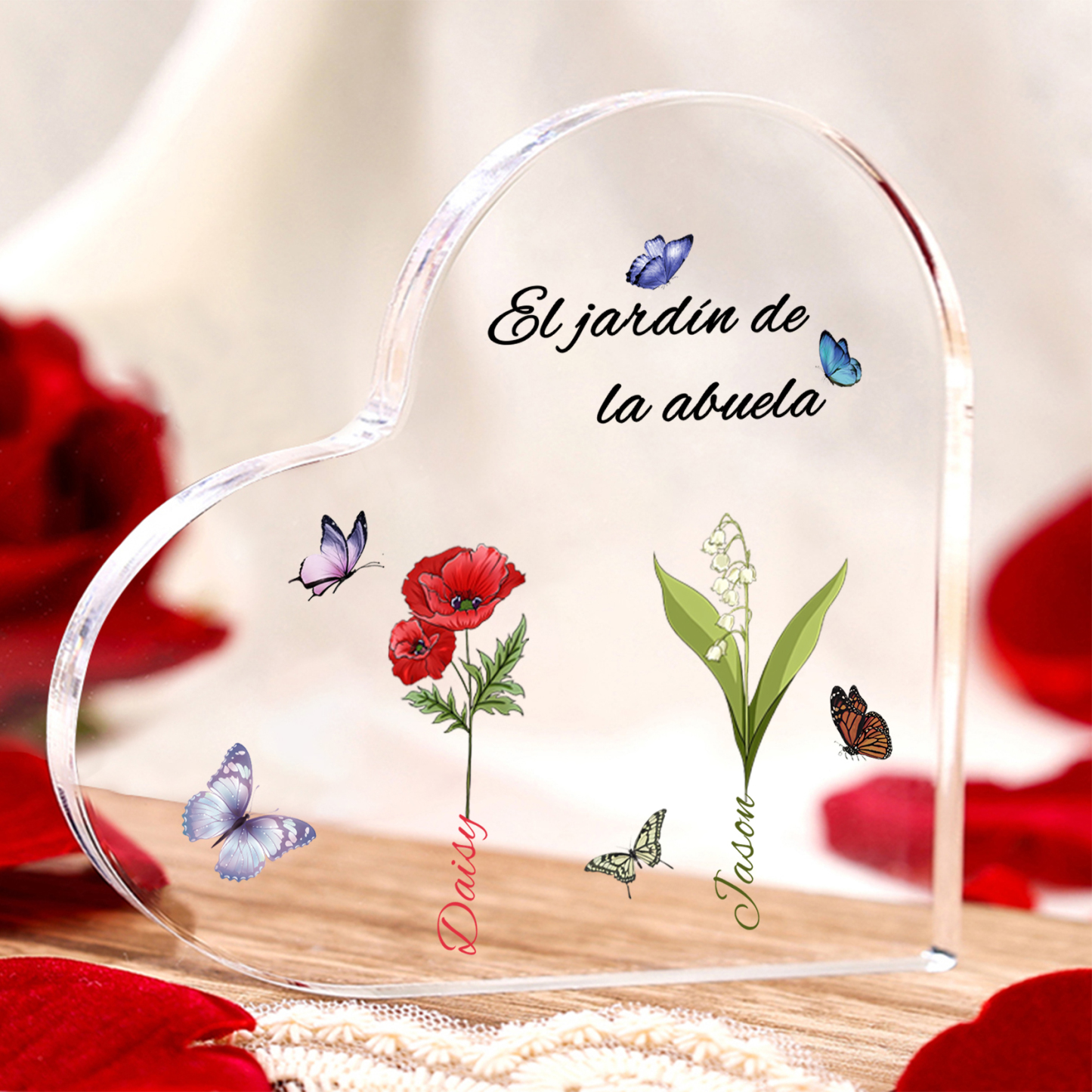 A mi mamá/abuela-Placa de acrílico en forma de corazón jardín de flores 2 nombres y 1 texto personalizados | Jessemade 
