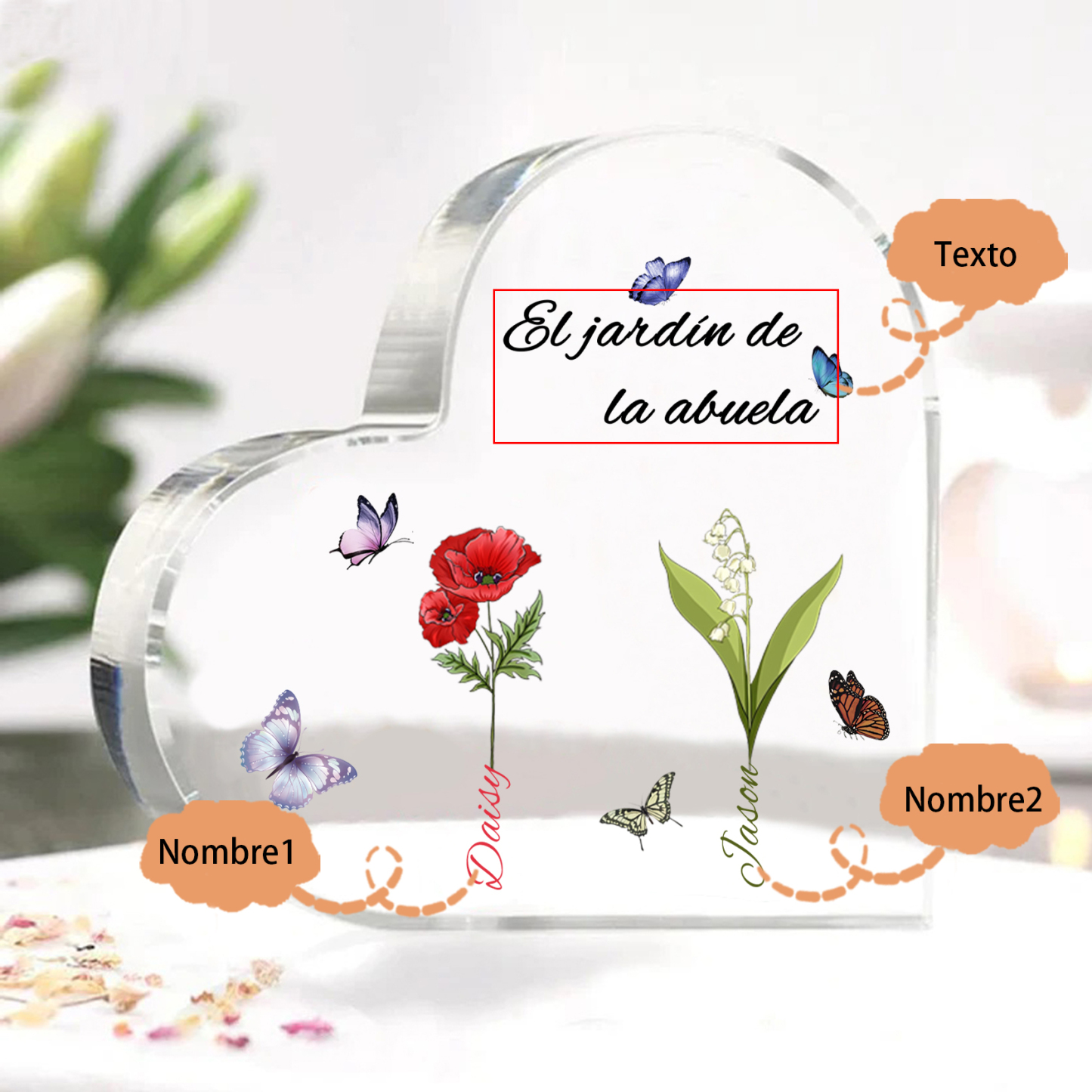 A mi mamá/abuela-Placa de acrílico en forma de corazón jardín de flores 2 nombres y 1 texto personalizados | Jessemade 