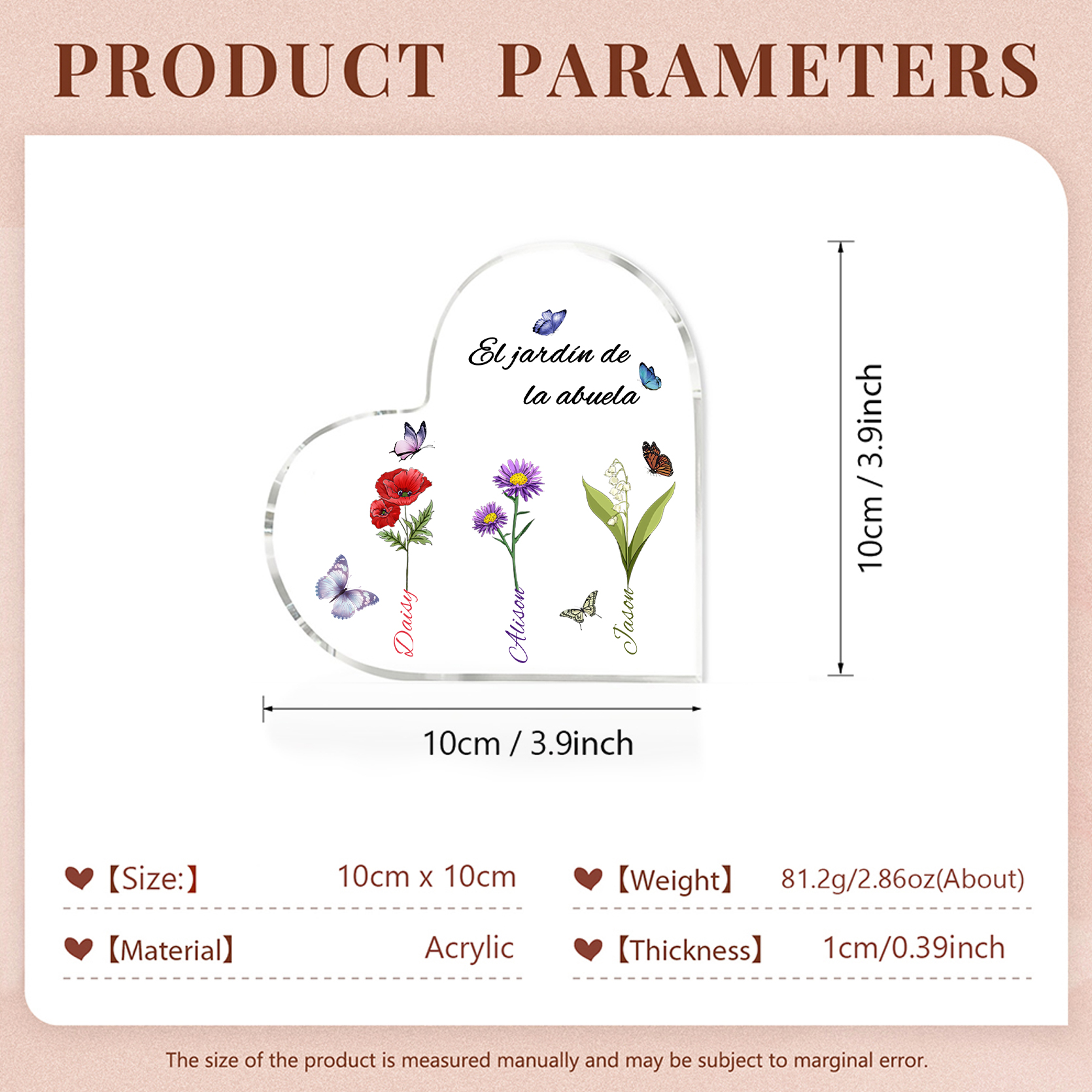 A mi mamá/abuela-Placa de acrílico en forma de corazón jardín de flores 3 nombres y 1 texto personalizados | Jessemade 