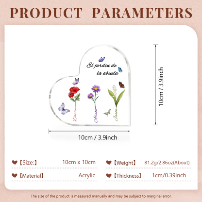 A mi mamá/abuela-Placa de acrílico en forma de corazón jardín de flores 3 nombres y 1 texto personalizados | Jessemade 