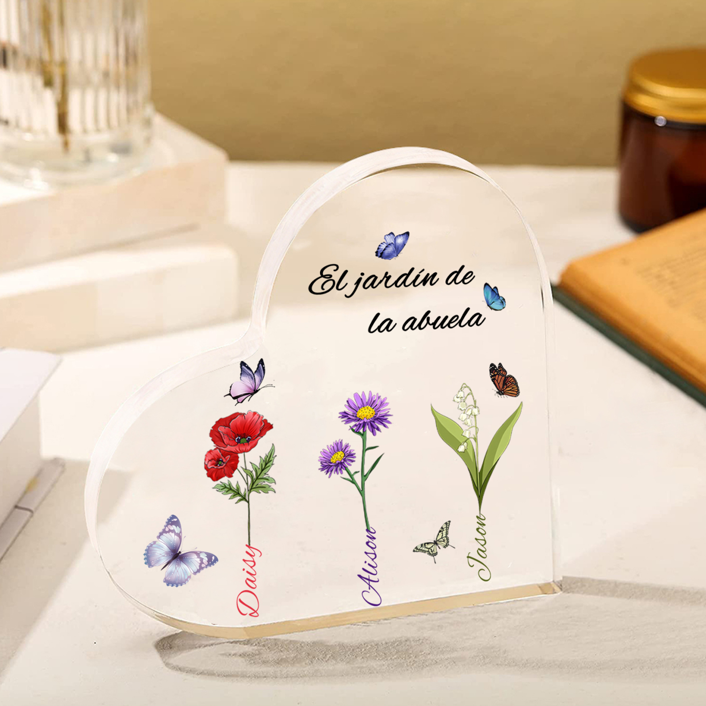 A mi mamá/abuela-Placa de acrílico en forma de corazón jardín de flores 3 nombres y 1 texto personalizados | Jessemade 