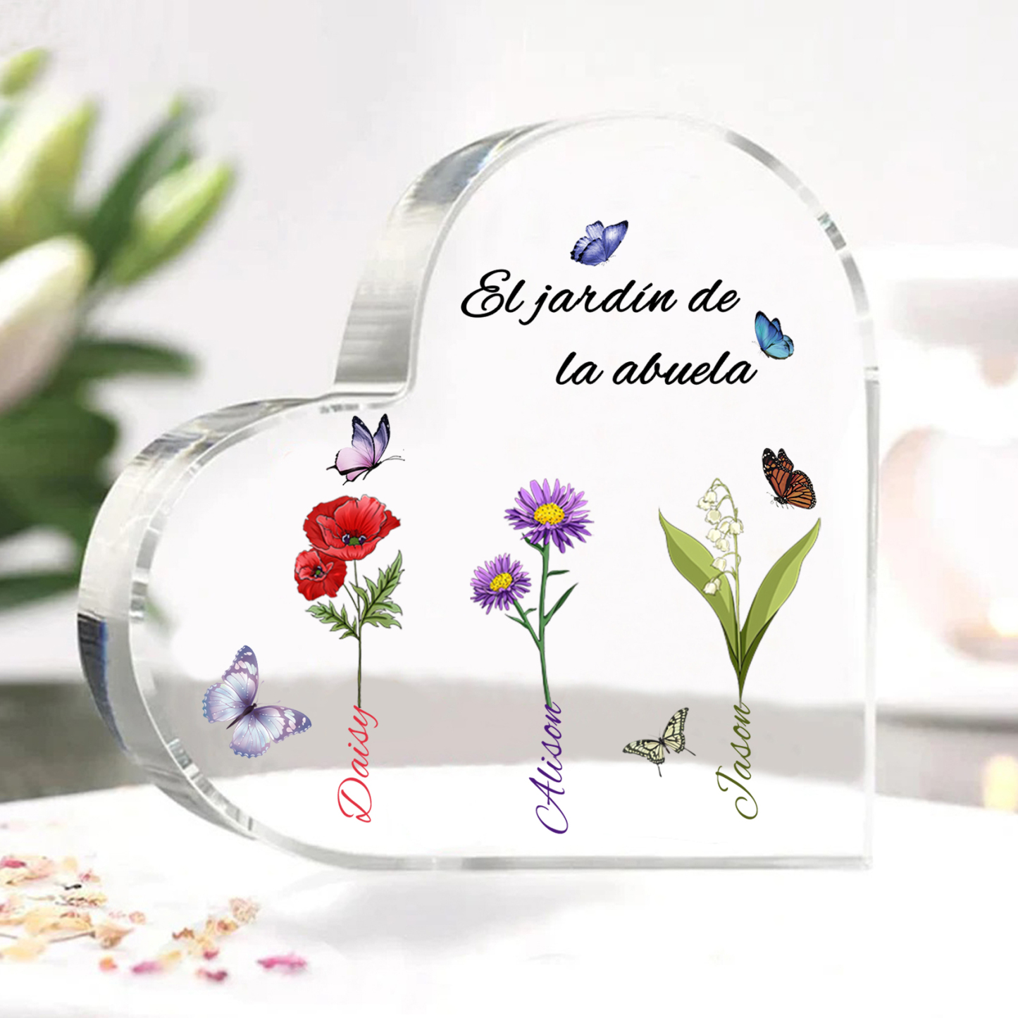 A mi mamá/abuela-Placa de acrílico en forma de corazón jardín de flores 3 nombres y 1 texto personalizados | Jessemade 