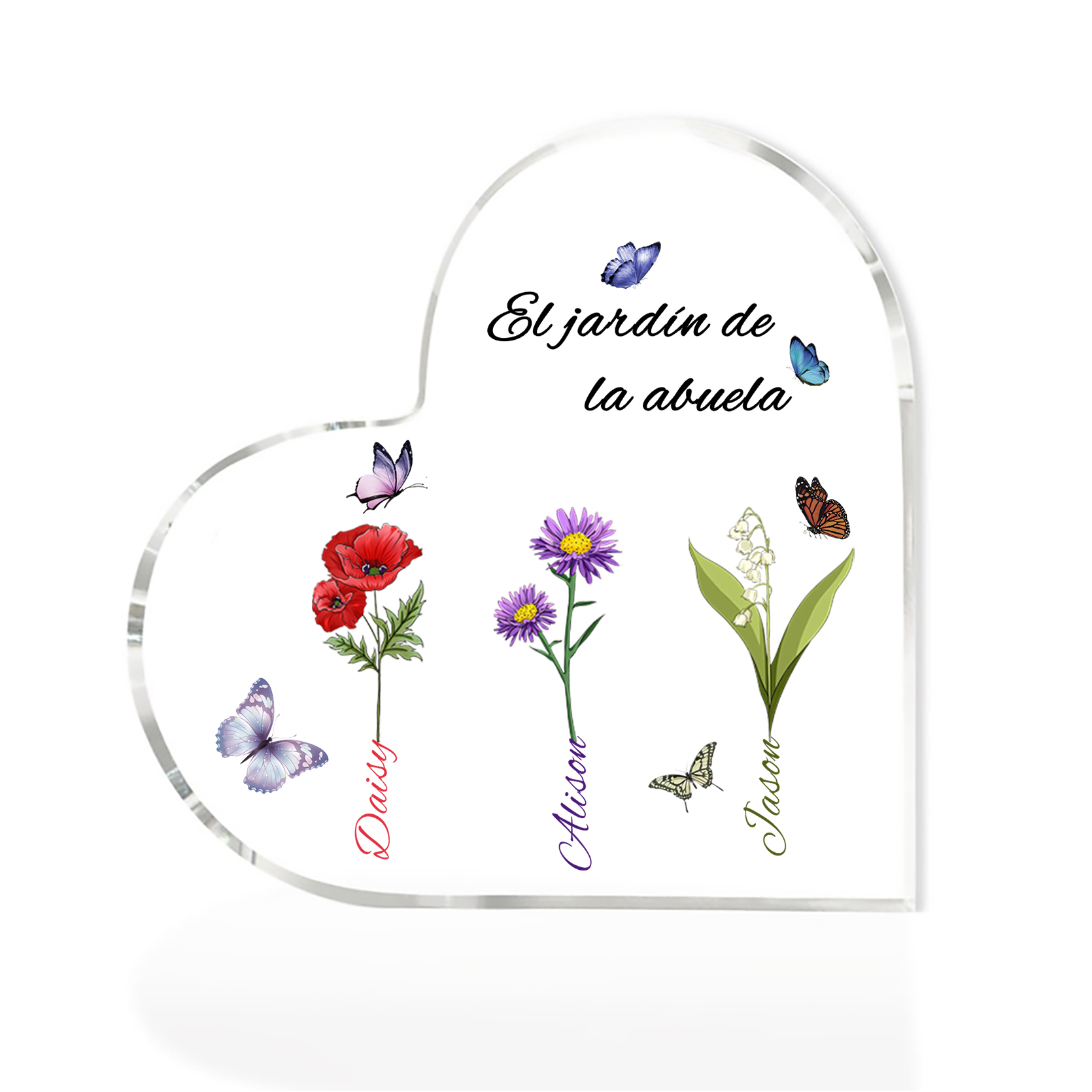 A mi mamá/abuela-Placa de acrílico en forma de corazón jardín de flores 3 nombres y 1 texto personalizados | Jessemade 