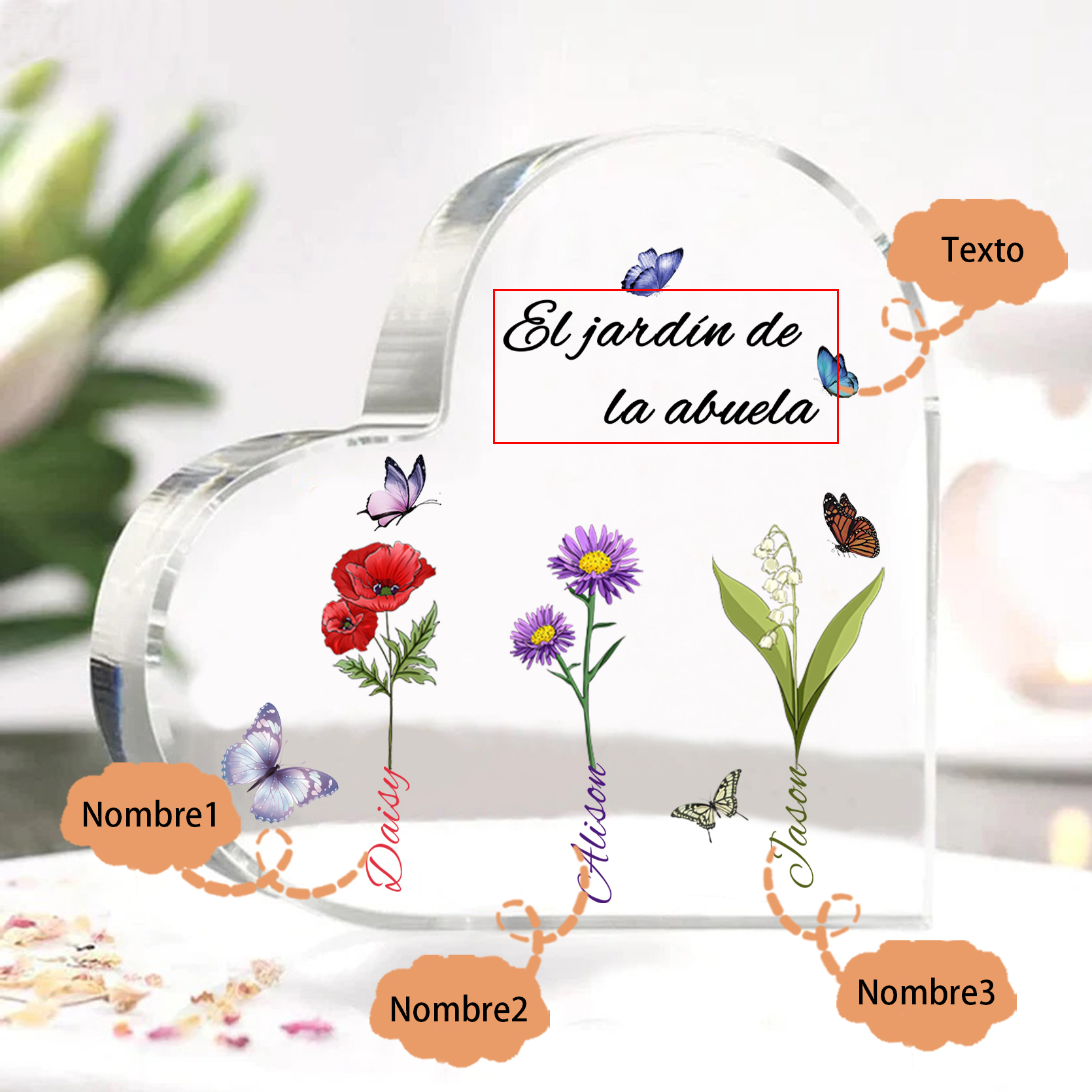 A mi mamá/abuela-Placa de acrílico en forma de corazón jardín de flores 3 nombres y 1 texto personalizados | Jessemade 