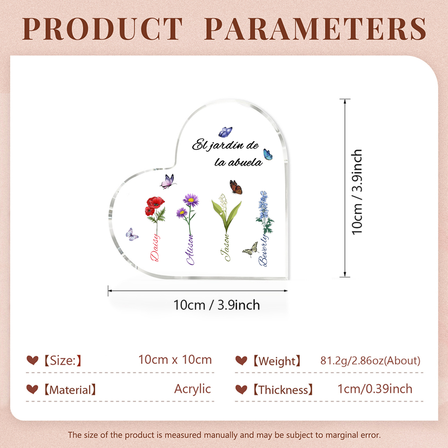 A mi mamá/abuela-Placa de acrílico en forma de corazón jardín de flores 4 nombres y 1 texto personalizados | Jessemade 