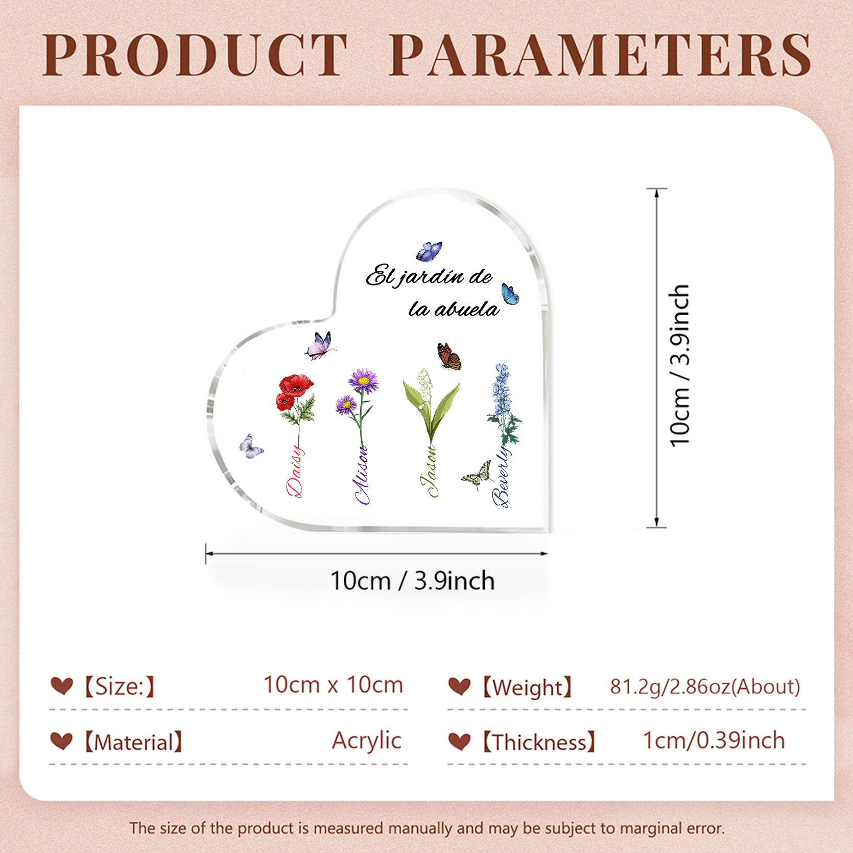 A mi mamá/abuela-Placa de acrílico en forma de corazón jardín de flores 4 nombres y 1 texto personalizados | Jessemade 