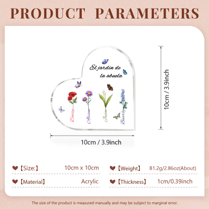 A mi mamá/abuela-Placa de acrílico en forma de corazón jardín de flores 4 nombres y 1 texto personalizados | Jessemade 