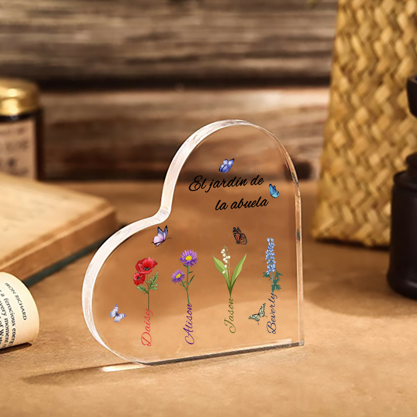 A mi mamá/abuela-Placa de acrílico en forma de corazón jardín de flores 4 nombres y 1 texto personalizados | Jessemade 