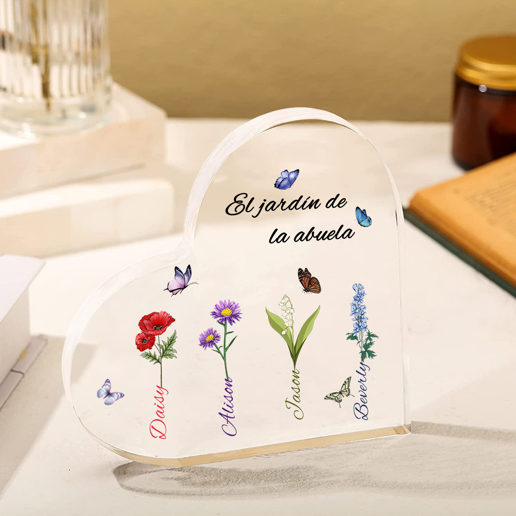 A mi mamá/abuela-Placa de acrílico en forma de corazón jardín de flores 4 nombres y 1 texto personalizados | Jessemade 