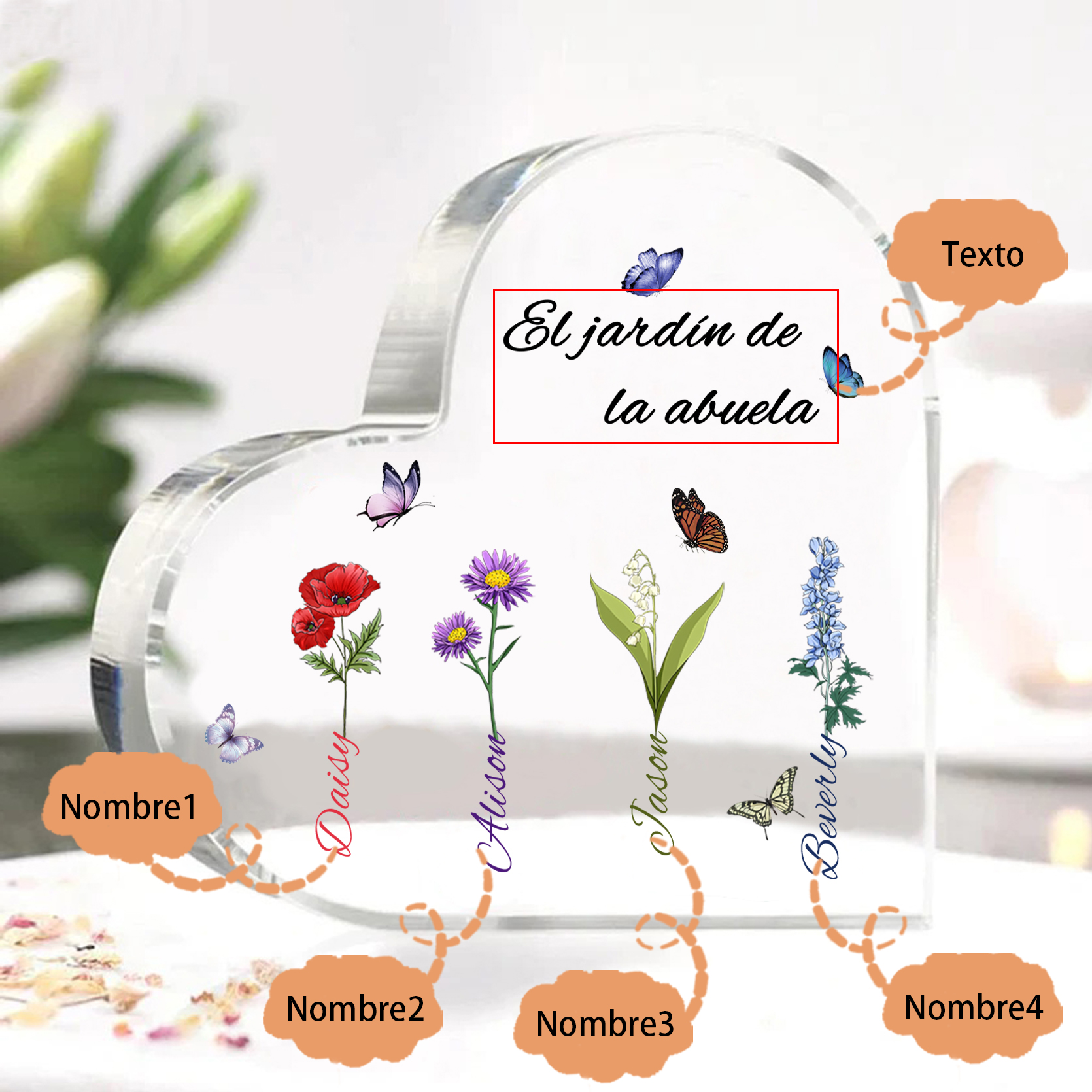A mi mamá/abuela-Placa de acrílico en forma de corazón jardín de flores 4 nombres y 1 texto personalizados | Jessemade 