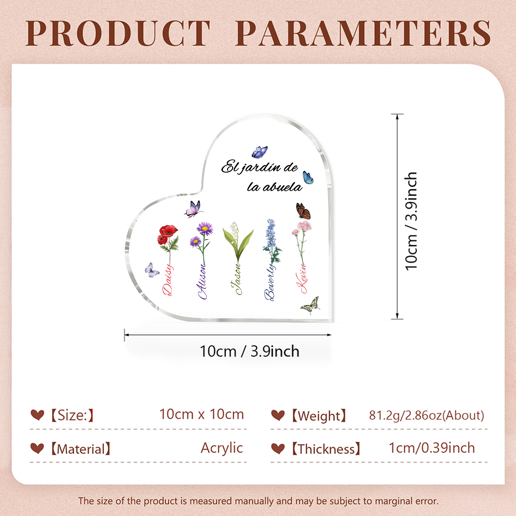 A mi mamá/abuela-Placa de acrílico en forma de corazón jardín de flores 5 nombres y 1 texto personalizados | Jessemade 