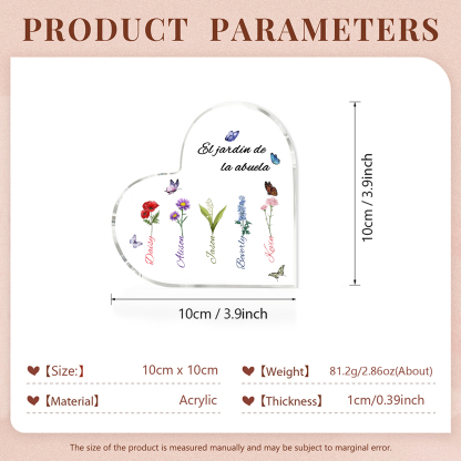 A mi mamá/abuela-Placa de acrílico en forma de corazón jardín de flores 5 nombres y 1 texto personalizados | Jessemade 