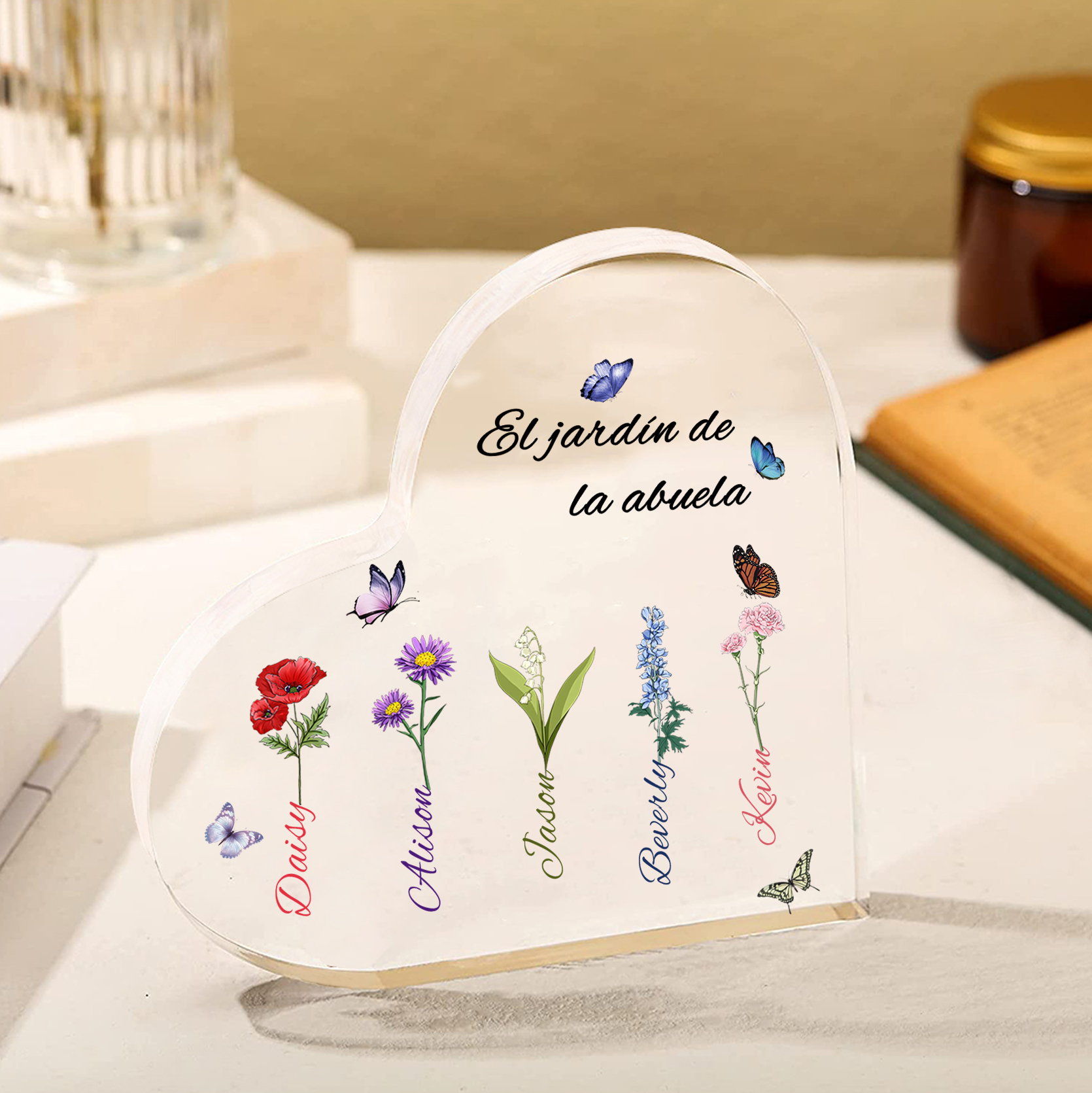 A mi mamá/abuela-Placa de acrílico en forma de corazón jardín de flores 5 nombres y 1 texto personalizados | Jessemade 