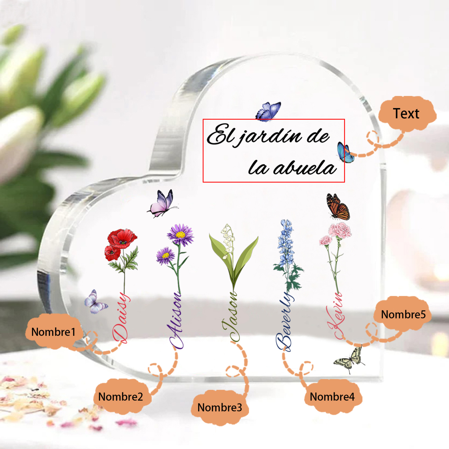 A mi mamá/abuela-Placa de acrílico en forma de corazón jardín de flores 5 nombres y 1 texto personalizados | Jessemade 