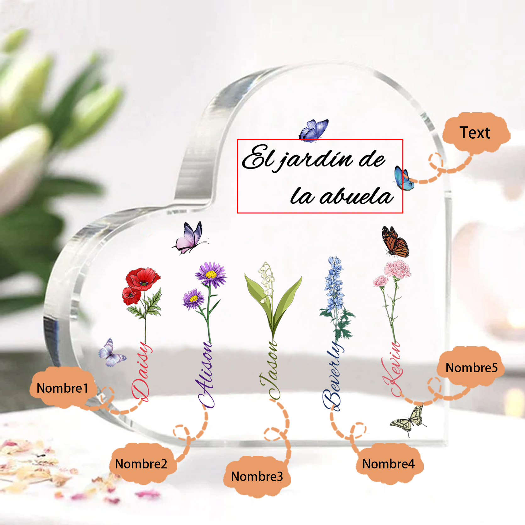 A mi mamá/abuela-Placa de acrílico en forma de corazón jardín de flores 5 nombres y 1 texto personalizados | Jessemade 