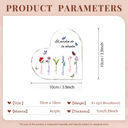 A mi mamá/abuela-Placa de acrílico en forma de corazón jardín de flores 6 nombres y 1 texto personalizados | Jessemade 