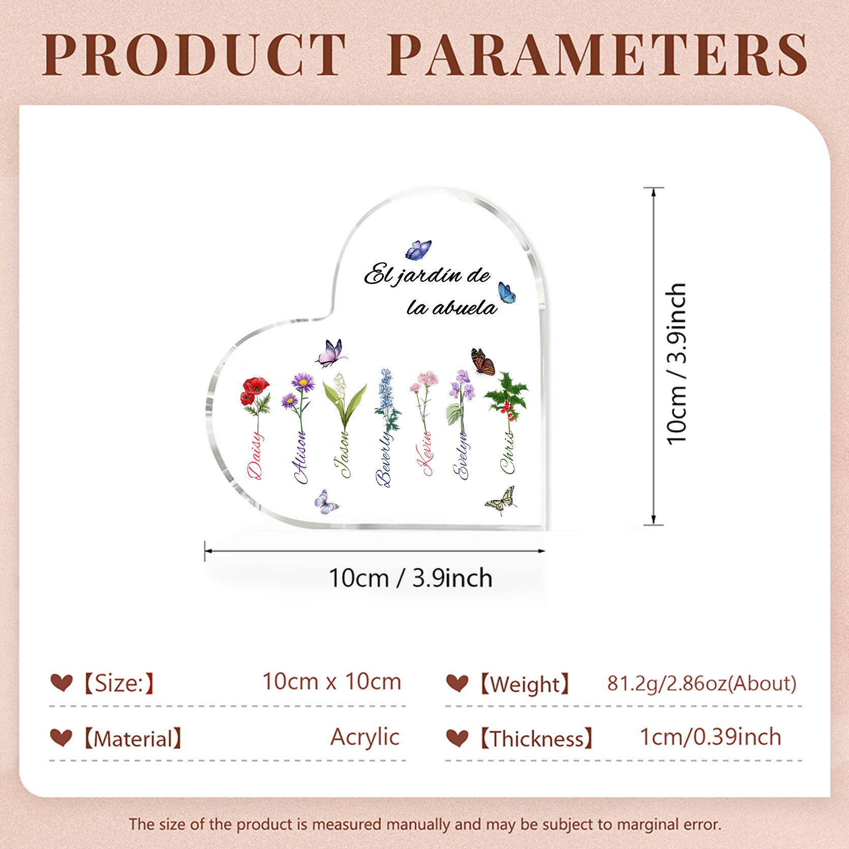 A mi mamá/abuela-Placa de acrílico en forma de corazón jardín de flores 7 nombres y 1 texto personalizados | Jessemade 