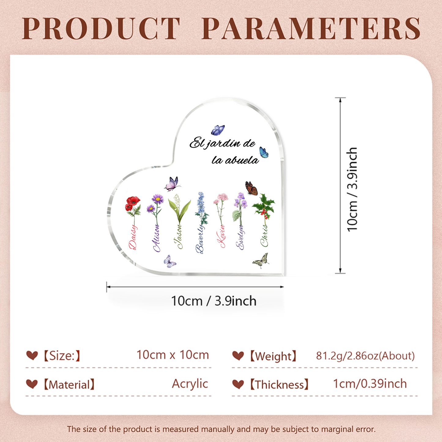 A mi mamá/abuela-Placa de acrílico en forma de corazón jardín de flores 7 nombres y 1 texto personalizados | Jessemade 