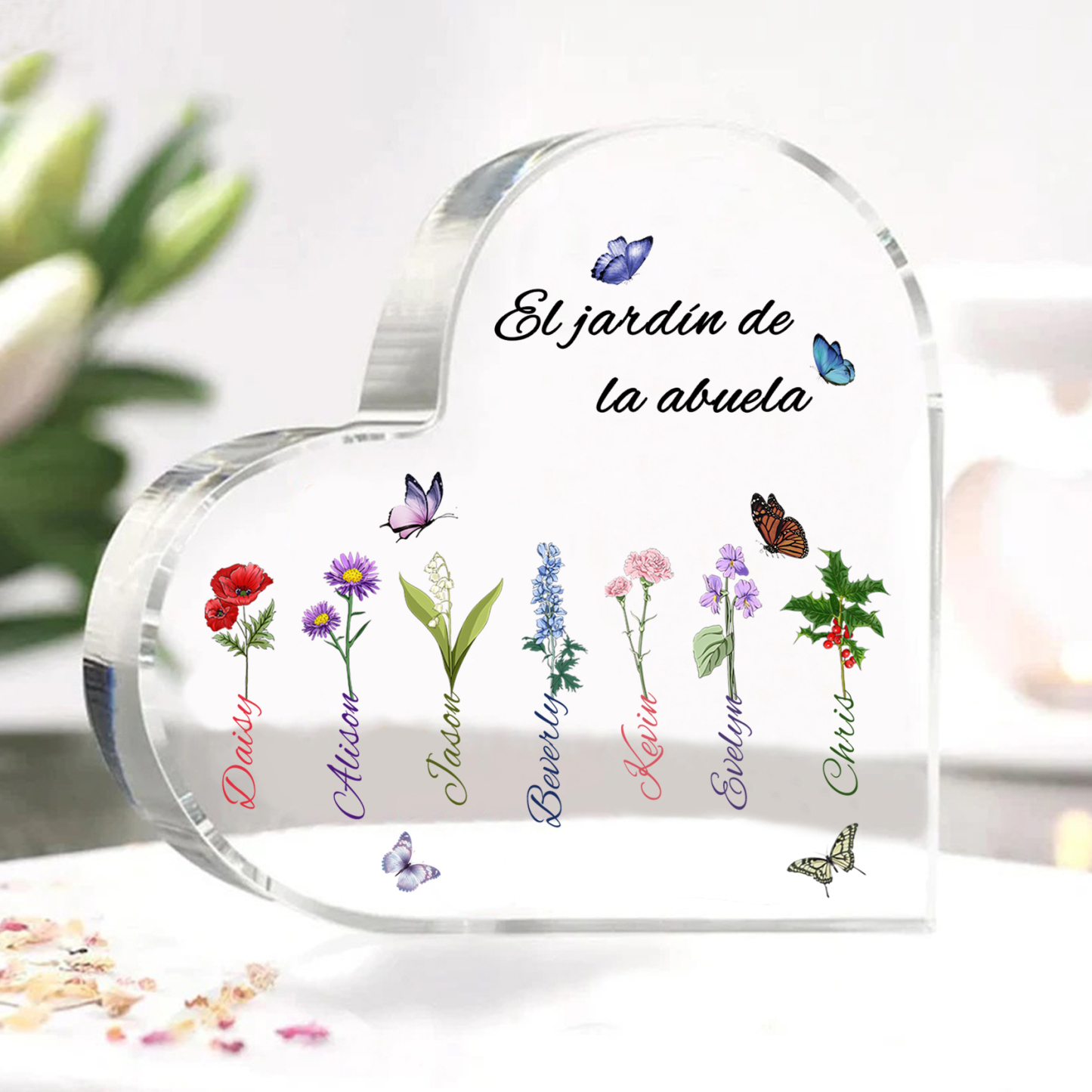 A mi mamá/abuela-Placa de acrílico en forma de corazón jardín de flores 7 nombres y 1 texto personalizados | Jessemade 
