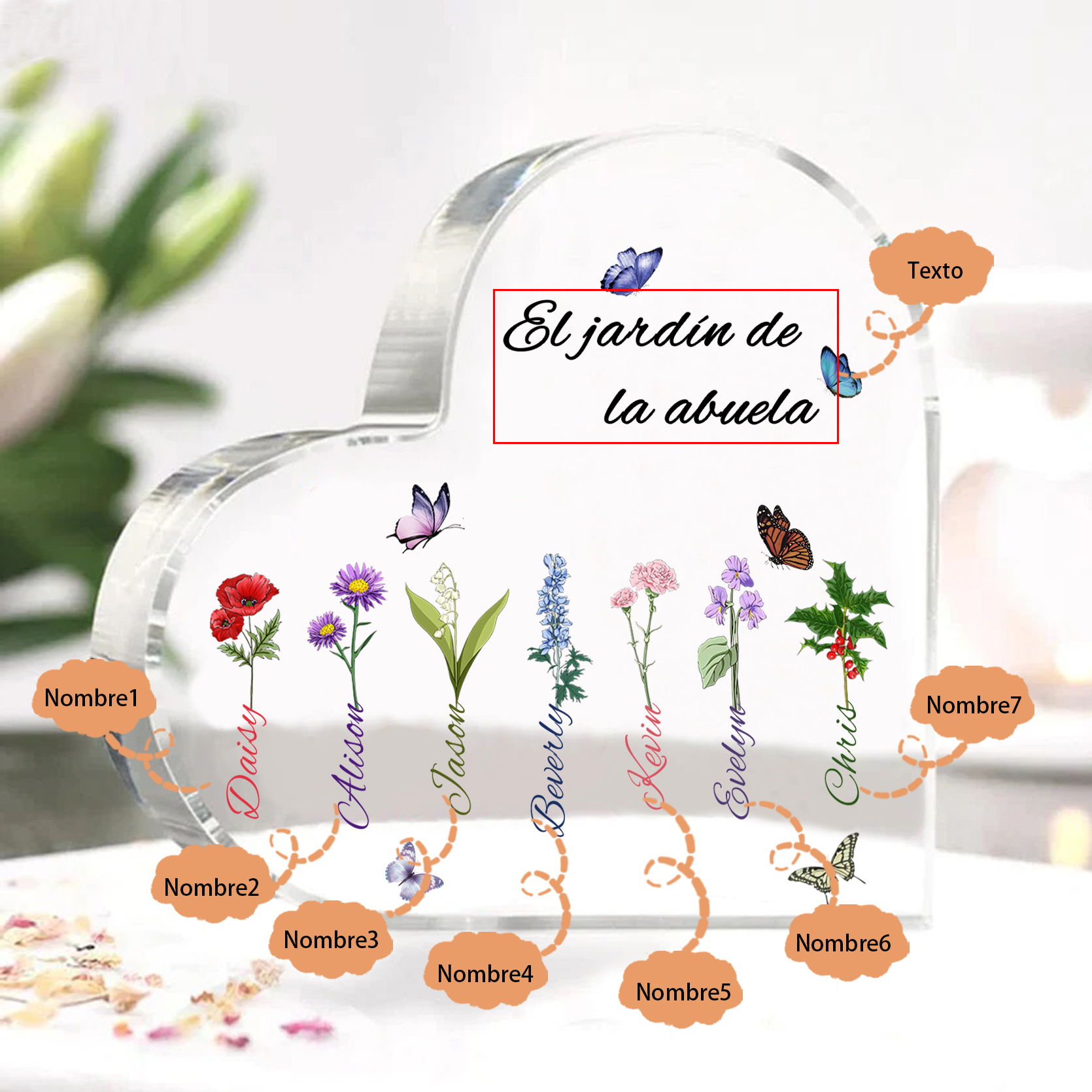A mi mamá/abuela-Placa de acrílico en forma de corazón jardín de flores 7 nombres y 1 texto personalizados | Jessemade 