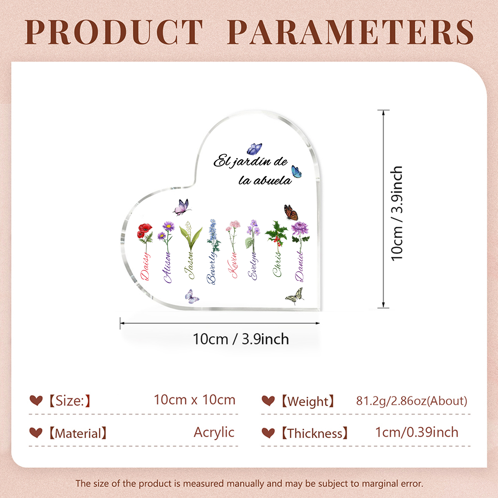 A mi mamá/abuela-Placa de acrílico en forma de corazón jardín de flores 8 nombres y 1 texto personalizados | Jessemade 