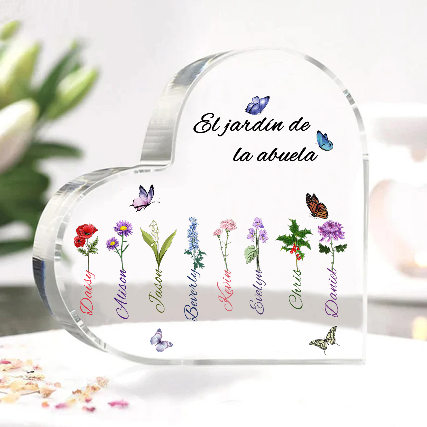 A mi mamá/abuela-Placa de acrílico en forma de corazón jardín de flores 8 nombres y 1 texto personalizados | Jessemade 