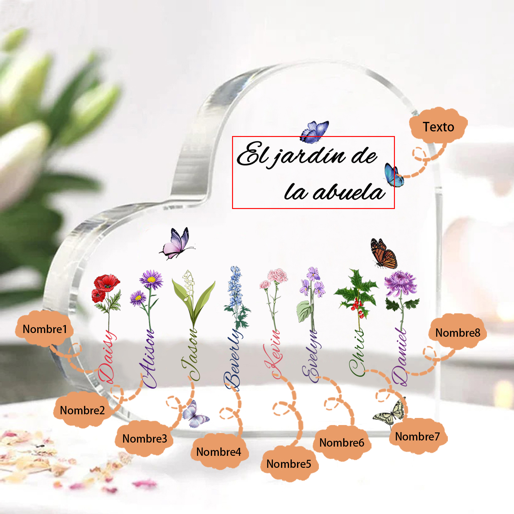 A mi mamá/abuela-Placa de acrílico en forma de corazón jardín de flores 8 nombres y 1 texto personalizados | Jessemade 