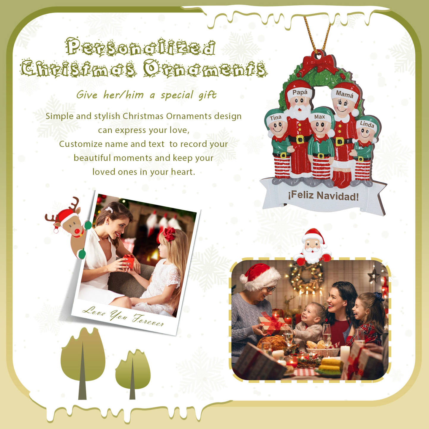 Navidad-Ornamento con muñecos de madera de Papá y Mamá Noel 5 nombres y texto personalizados | Jessemade