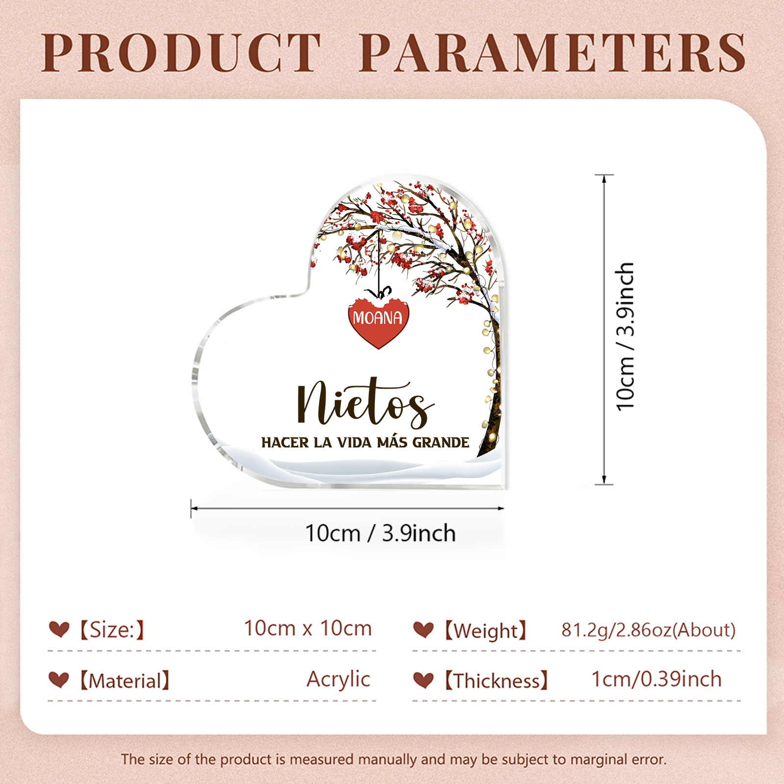 A la familia-Placa de acrílico en forma de corazón árbol de vida y corazones 1 nombre personalizado | Jessemade