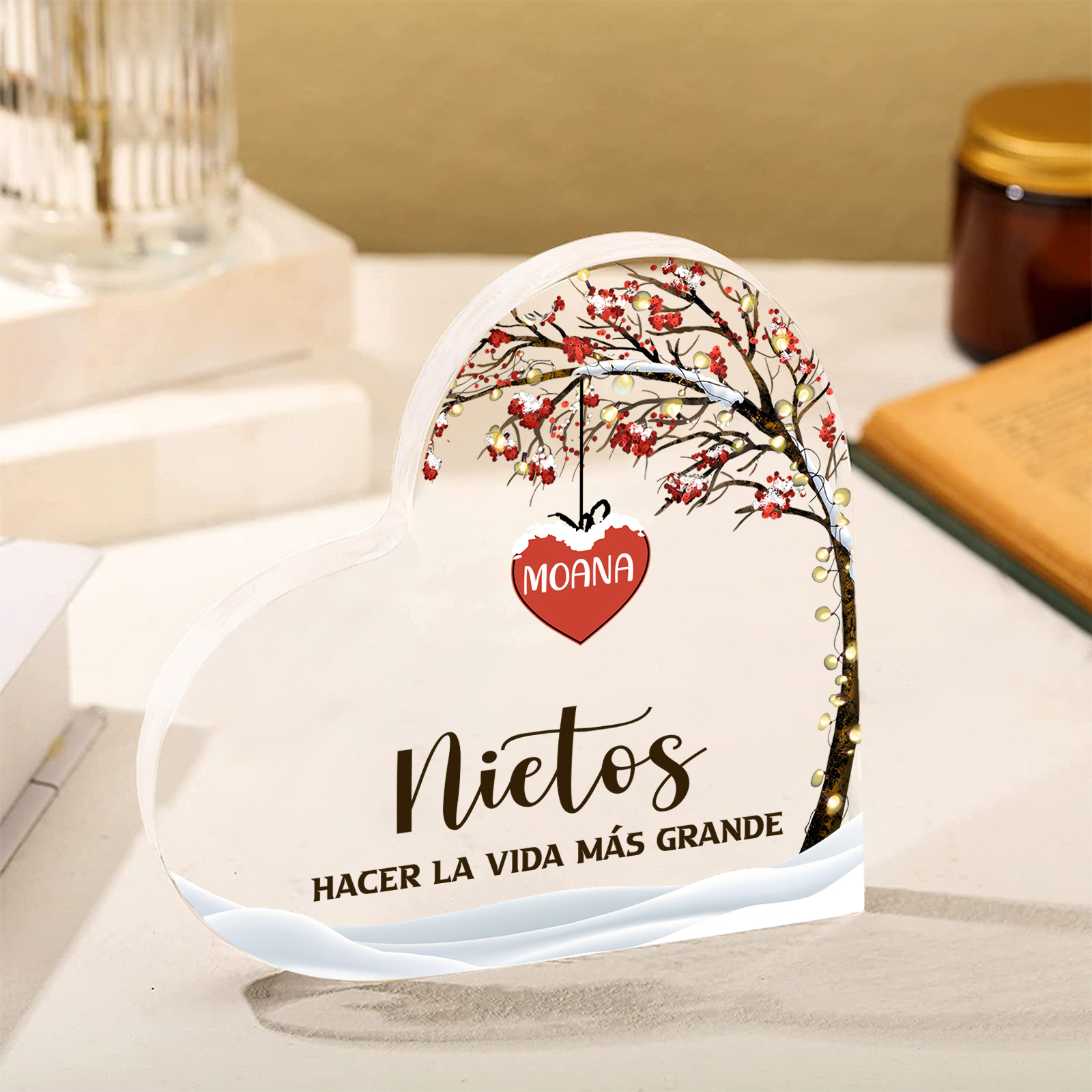 A la familia-Placa de acrílico en forma de corazón árbol de vida y corazones 1 nombre personalizado | Jessemade