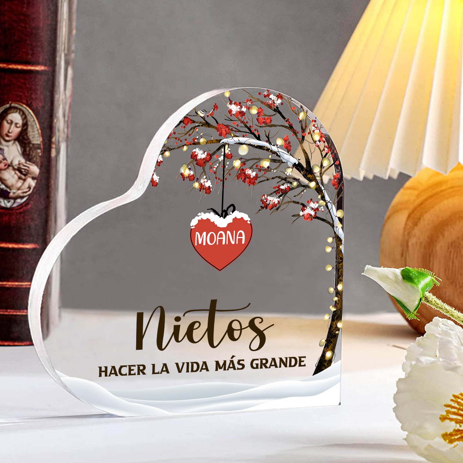 A la familia-Placa de acrílico en forma de corazón árbol de vida y corazones 1 nombre personalizado | Jessemade