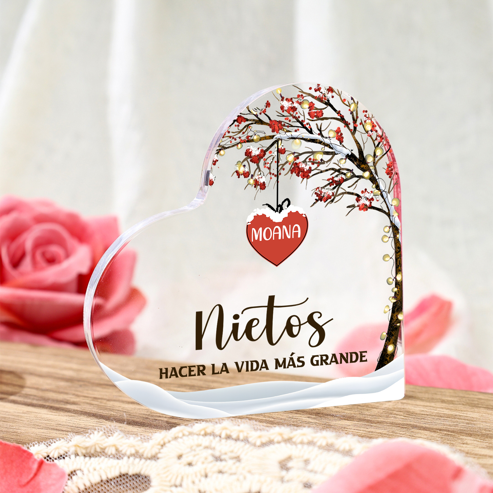 A familia-Placa de acrílico en forma de corazón árbol de vida 1 nombre
