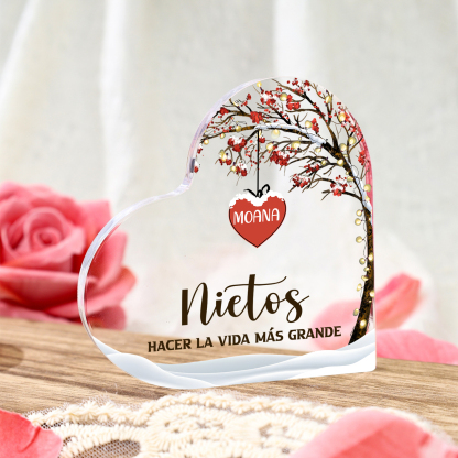 A familia-Placa de acrílico en forma de corazón árbol de vida 1 nombre