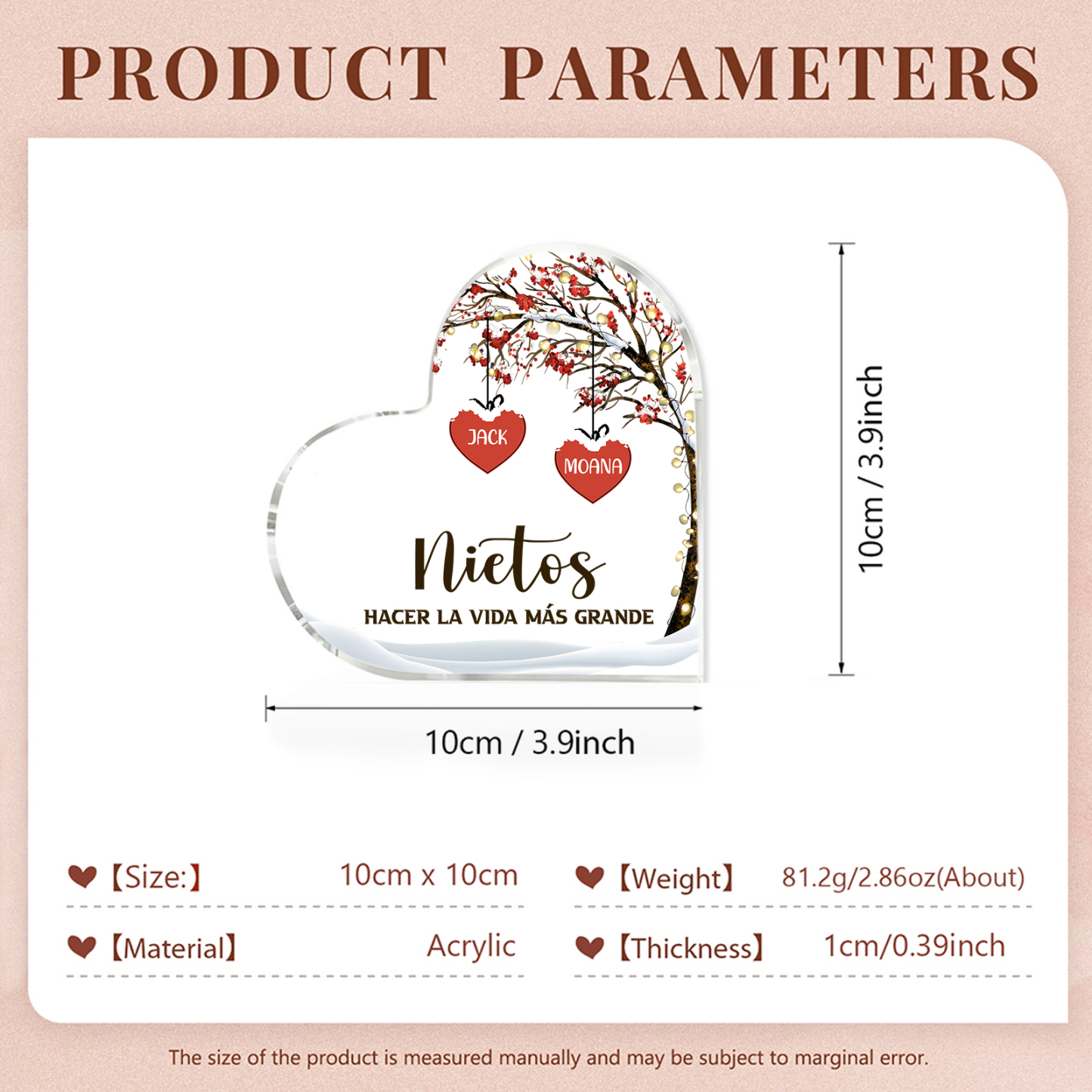 A la familia-Placa de acrílico en forma de corazón árbol de vida y corazones 2 nombres personalizados | Jessemade