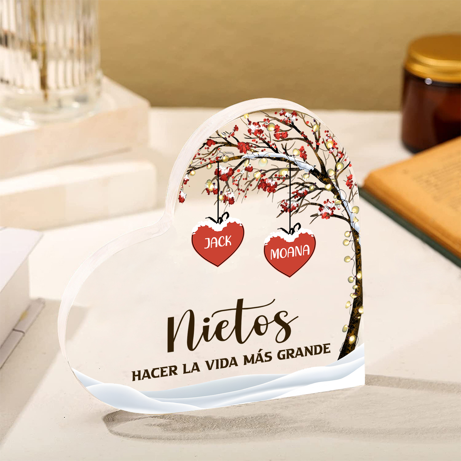 A la familia-Placa de acrílico en forma de corazón árbol de vida y corazones 2 nombres personalizados | Jessemade