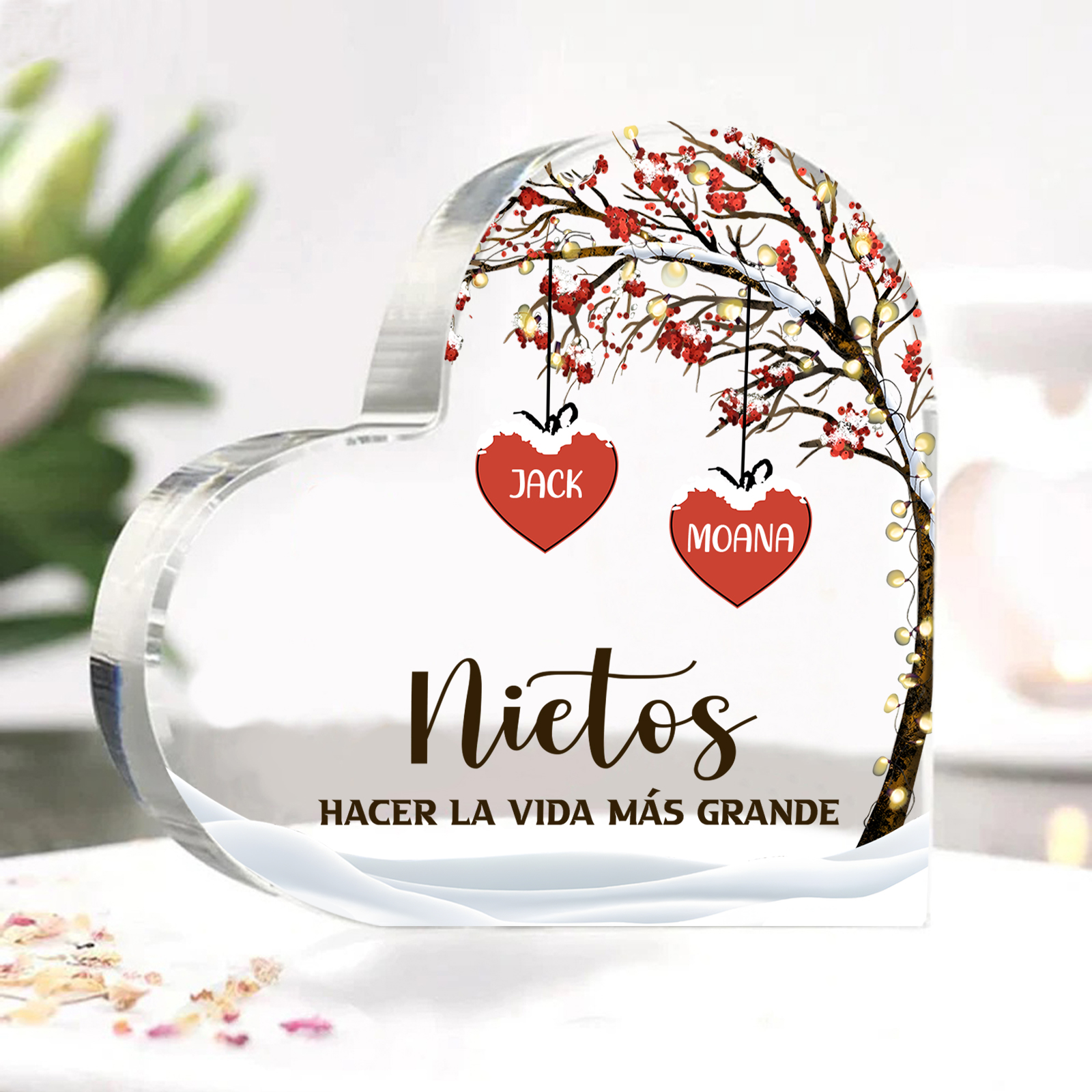 A la familia-Placa de acrílico en forma de corazón árbol de vida y corazones 2 nombres personalizados | Jessemade