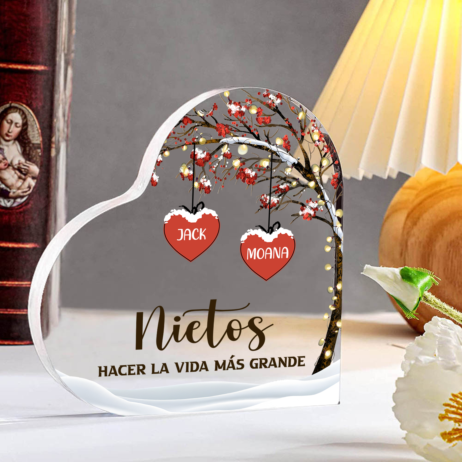 A la familia-Placa de acrílico en forma de corazón árbol de vida y corazones 2 nombres personalizados | Jessemade